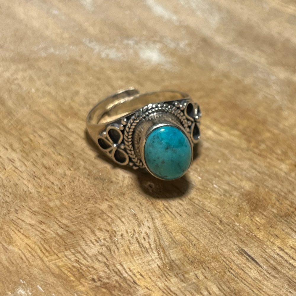 Blue Turquoise Filigree Adjustable 925 Sterling Silver Ring